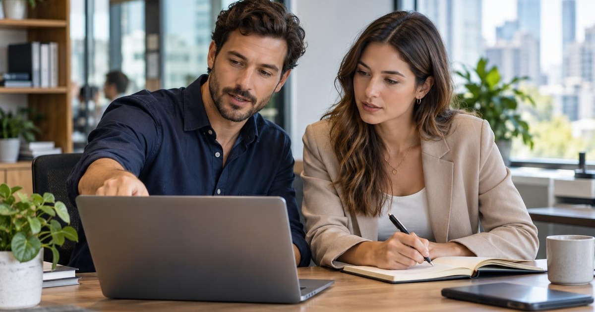 Two office professionals reviewing a work handoff together before one goes on leave.