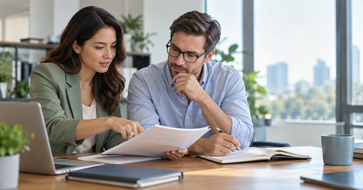 Two adult office colleagues reviewing printed draft documents together at a bright modern desk.